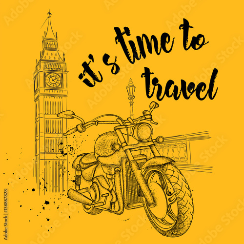 Hand drawn vintage motorcycle on background. London, Big Ben. Vector illustration
