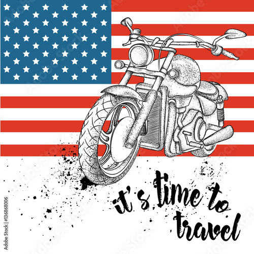 Hand drawn motorcycle on background. Print of USA flag. hand drawn vector illustration