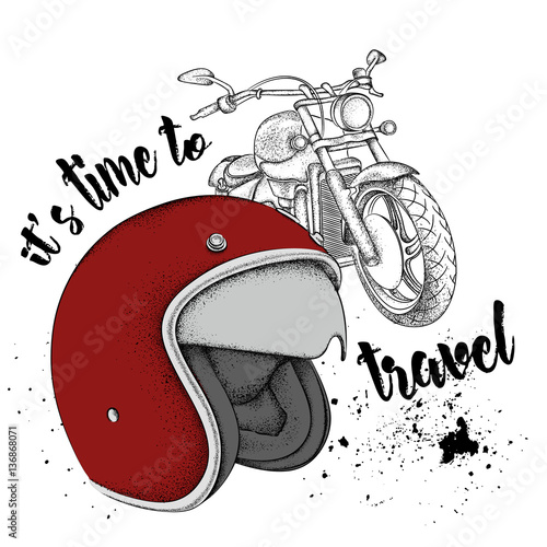 Motorcycle helmet and motorcycle. It's time to travel/ Vector illustration