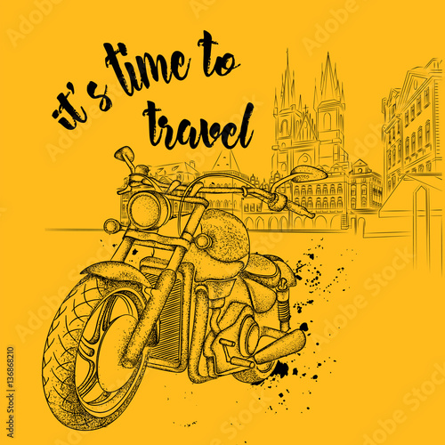 Hand drawn vintage motorcycle on background. The old city of Prague. Vector illustration