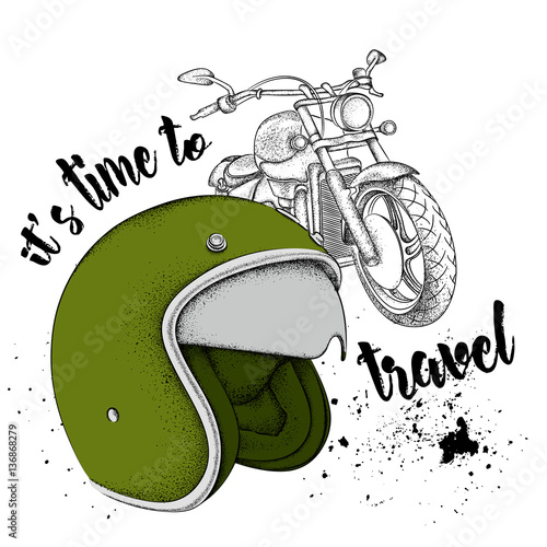 Motorcycle helmet and motorcycle. It's time to travel/ Vector illustration