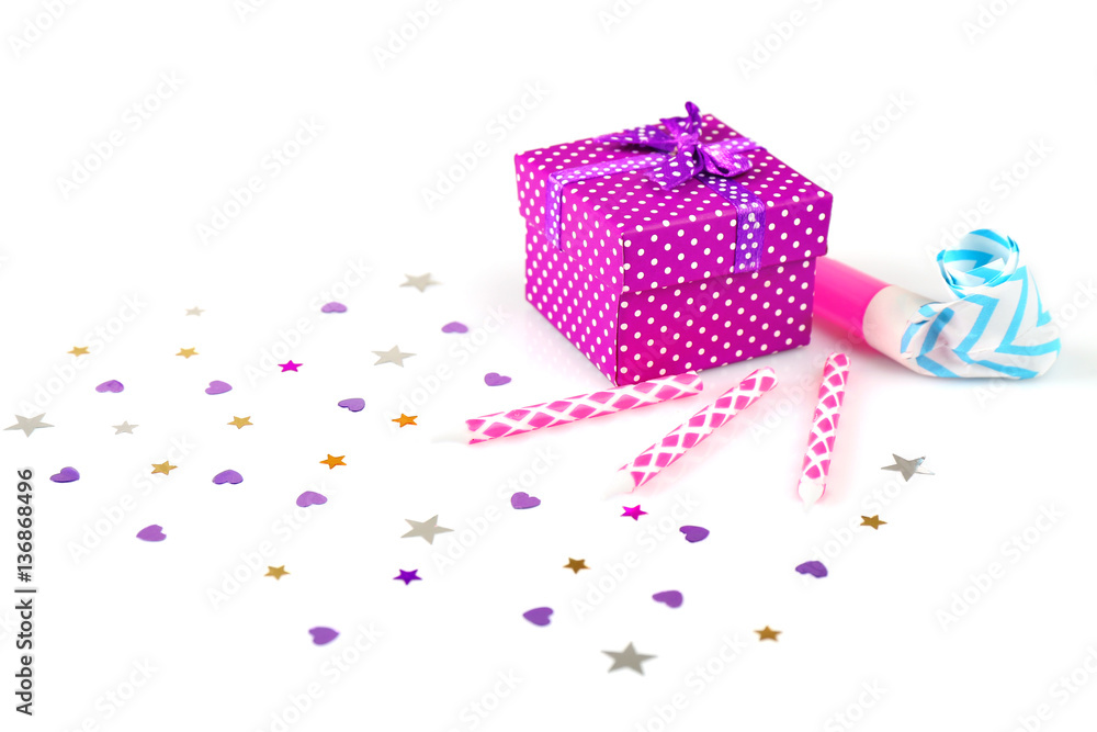 Bright confetti and gift box on white background Bright confetti and gift box on white background
