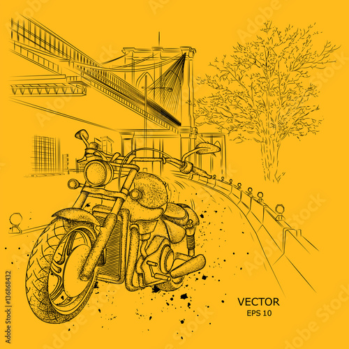 Hand drawn motorcycle on background. New York,  Brooklyn Concept. hand drawn vector illustration