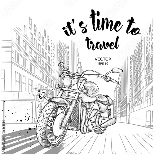 Hand drawn motorcycle on background. New York. hand drawn vector illustration