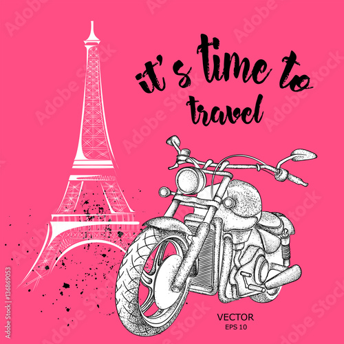 Hand drawn vintage motorcycle on background.  France, Paris, Eiffel Tower.  Vector illustration