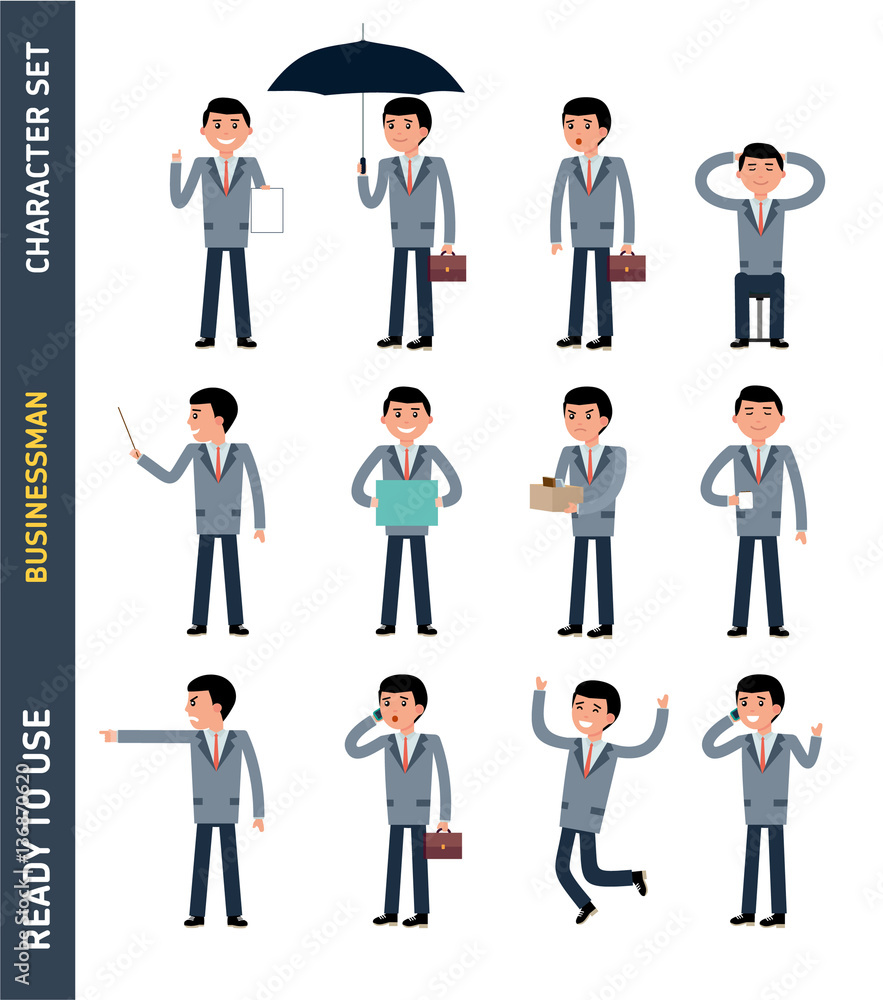 Ready to use character set. Young businessman. Different poses and emotions, running, standing, sitting, walking, happy, angry. Cartoon vector flat-style illustration. White background