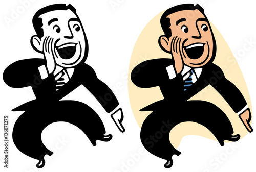 Excited man jumping pointing and shouting