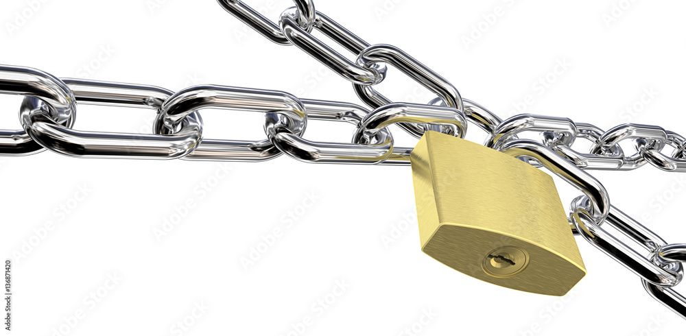 Strength. 4 Chains with Brass Padlock. Wide ratio and Isolated, Perspective view. 3D render. Strength. 4 Chains with Brass Padlock. Wide ratio and Isolated, Perspective view. 3D render.