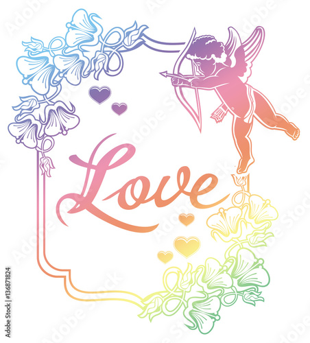 Cupid with bow hunting for hearts. Raster clip art.