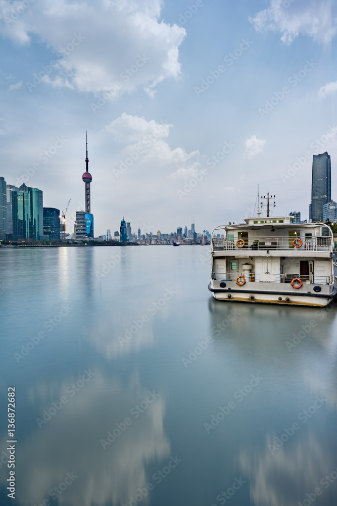 landmarks of Shanghai with Huangpu river in China.