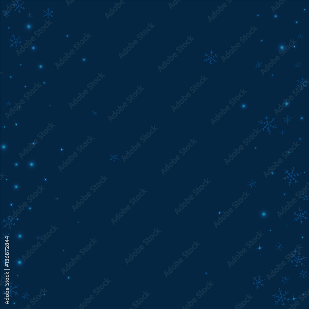Sparse glowing snow. Scattered frame on deep blue background. Vector illustration.