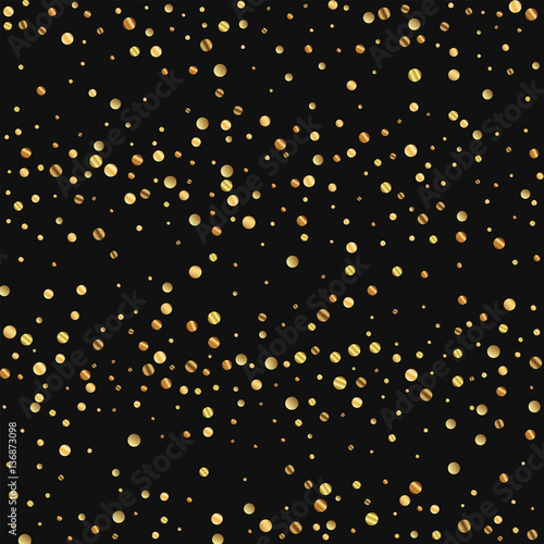Sparse gold confetti. Scatter horizontal lines on black background. Vector illustration.