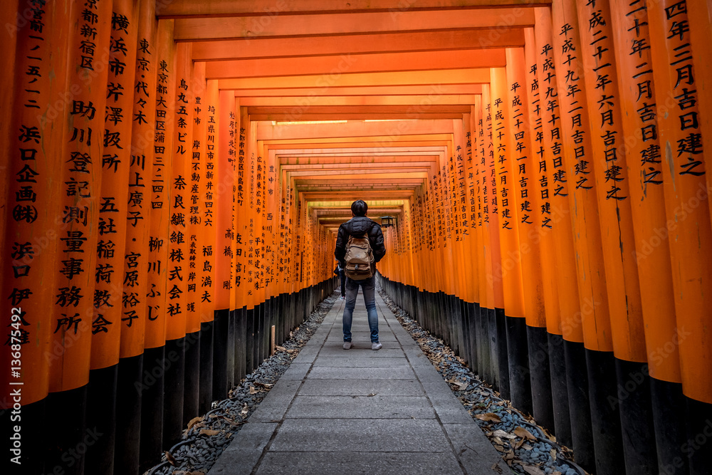 Naklejka premium A walking path leads through a tunnel of torii gates at Fushimi Inari Shrine,An important Shinto shrine in southern Kyoto. It is famous for its thousands of vermilion torii gate