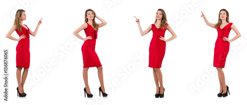 Young woman in red dress isolated on white