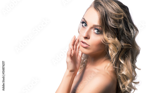 Beautiful girl model isolated on white background.