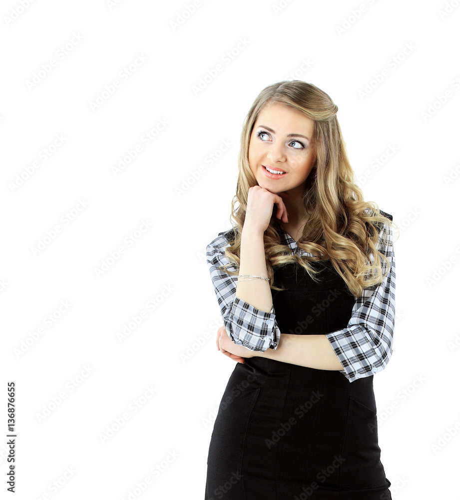 Smiling business woman looking at the side of your advertising text portrait Smiling business woman looking at the side of your advertising text portrait