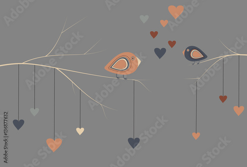 Cute birds on branches - vector illustration