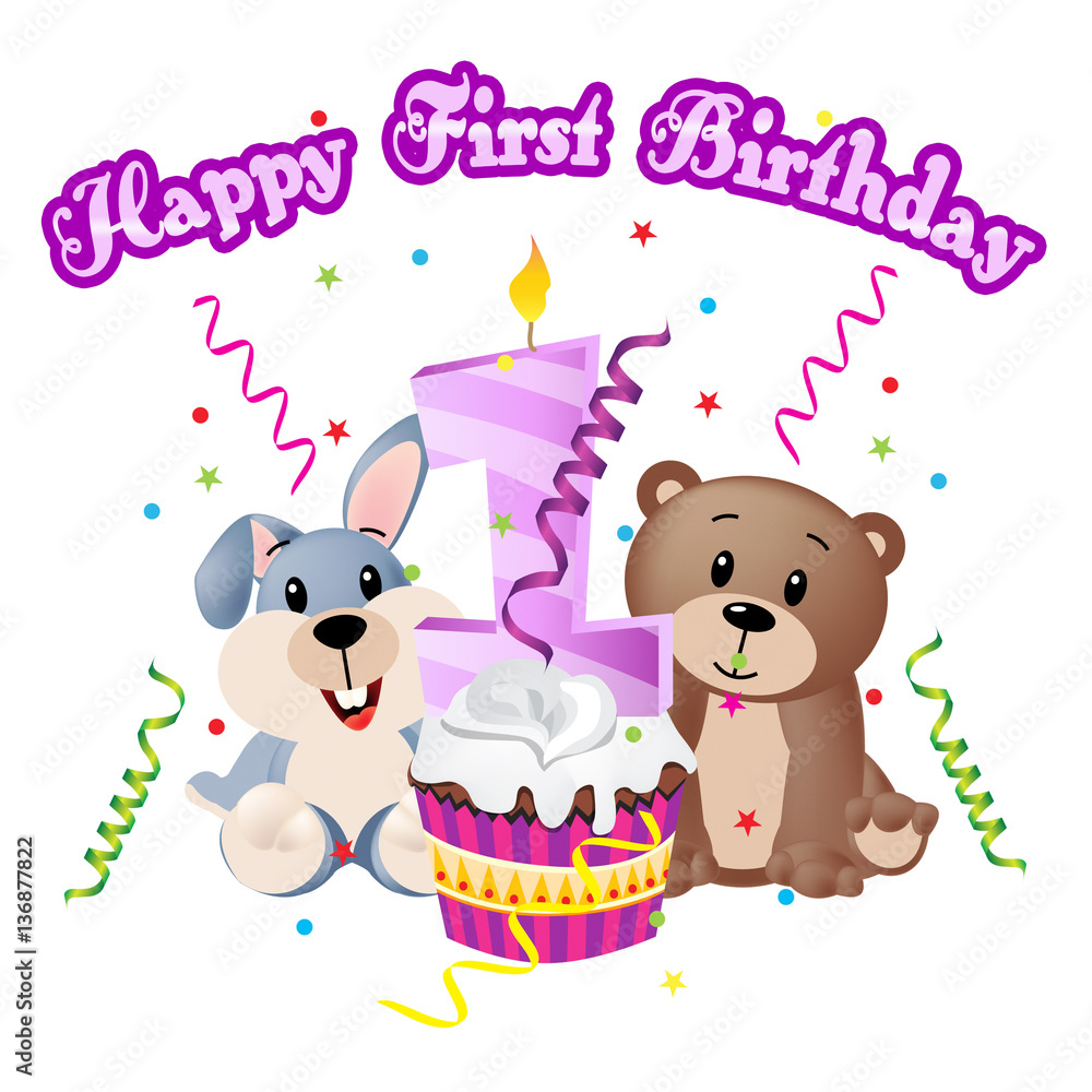Fototapeta premium Happy First Birthday Shows Happiness Celebrate 3d Illustration