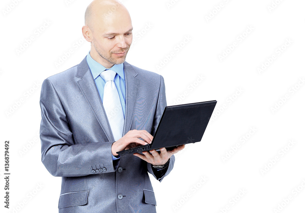 man with laptop on a white background man with laptop on a white background