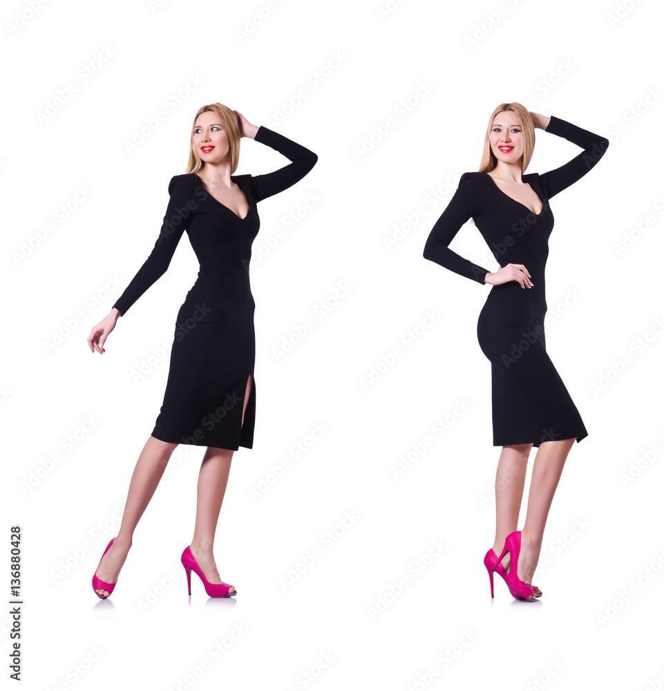 Young blonde girl in black dress showing isolated on white Young blonde girl in black dress showing isolated on white