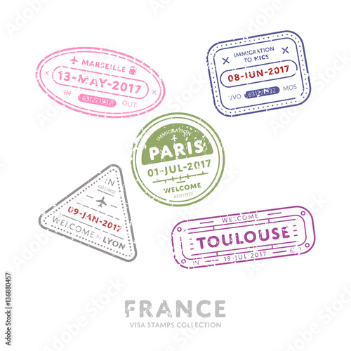 France travel visa stamps vector isolated on white background. Arrivals sign rubber stamps. Marseille, Paris, Toulouse city sign.
