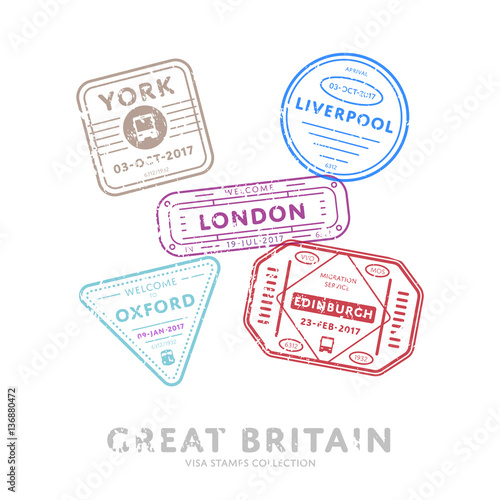 Great Britain travel visa stamps vector isolated on white background. Arrivals sign rubber stamps. York, Liverpool, London, Edinburgh, Oxford cities sign.