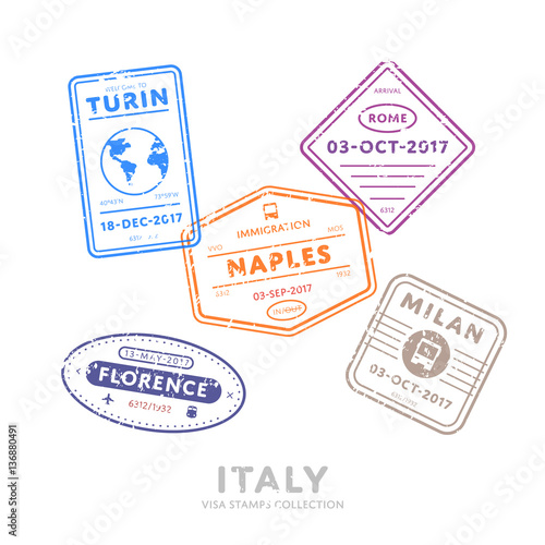 Italy travel visa stamps vector isolated on white background. Arrivals sign rubber stamps. Turin, Rome, Naples, Milan, Florence cities sign.