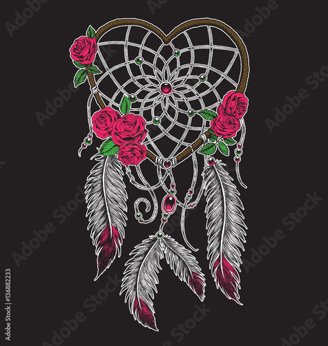 Hand drawn heart shaped dream catcher in full color