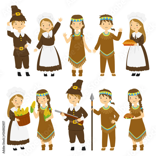 Thanksgiving Native American and Pilgrim characters illustration set.
