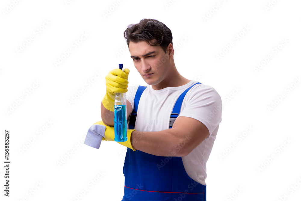 Man with cleaning agents isolated on white background Man with cleaning agents isolated on white background