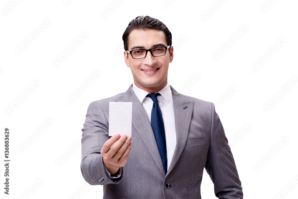 Businessman with blank card isolated on white background