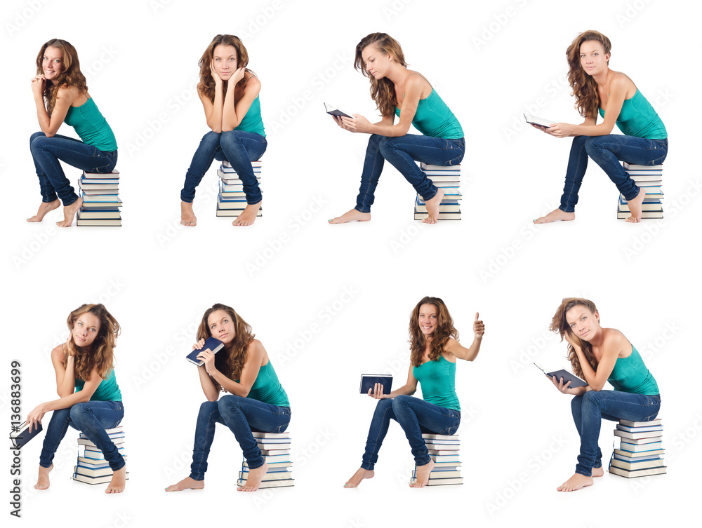 Fototapeta premium Student sitting on stack of books