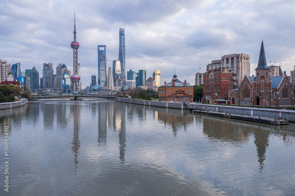 River And Modern Buildings Against Sky in Shanghai,China.