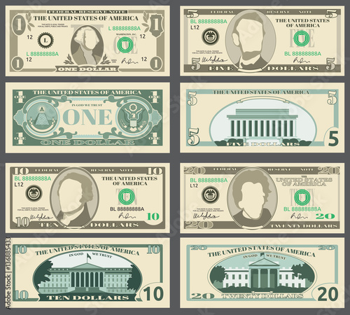 Dollar banknotes, us currency money bills vector set.
