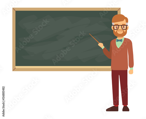 Teacher, professor standing in front of blank school blackboard vector illustration