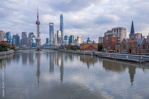 River And Modern Buildings Against Sky in Shanghai China.