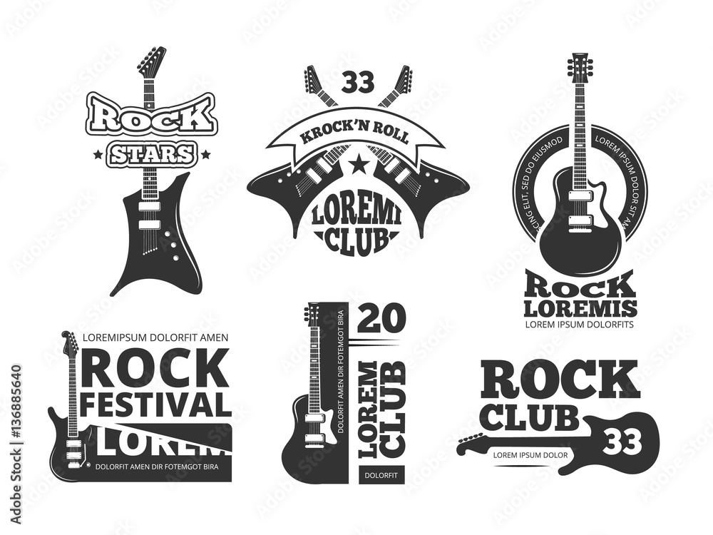 Vintage heavy rock, jazz band, guitar shop, music vector logos and labels  set with acoustic guitars Stock Vector | Adobe Stock