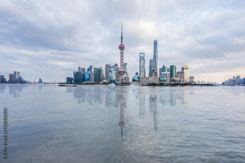 landmarks of Shanghai with Huangpu river in China. © fanjianhua