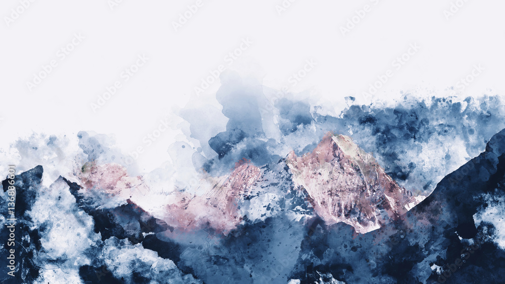 Obraz Streszczenie pasma górskie w świetle poranka, cyfrowa akwarela p