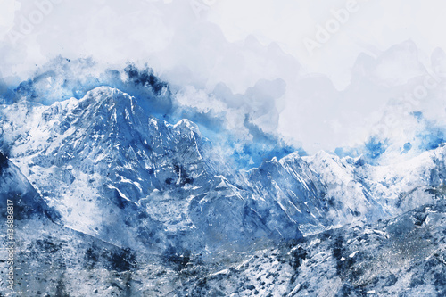 Abstract mountains in blue tone   digital watercolor painting