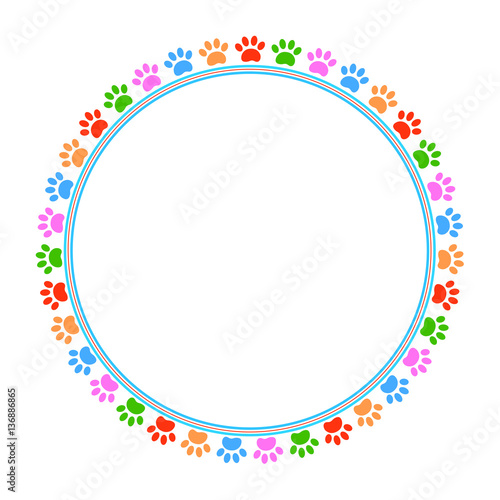 Colorful paws animal round frame with empty space for your text and images.