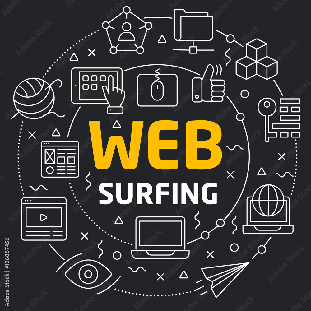 Vector linear illustration on a dark background web surfing Vector linear illustration on a dark background web surfing