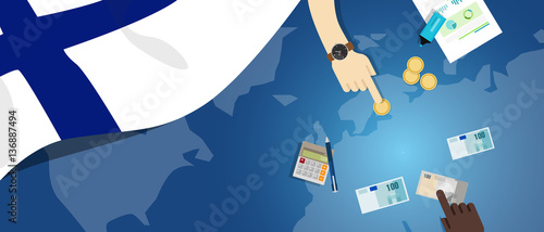 Finland economy fiscal money trade concept illustration of financial banking budget with flag map and currency