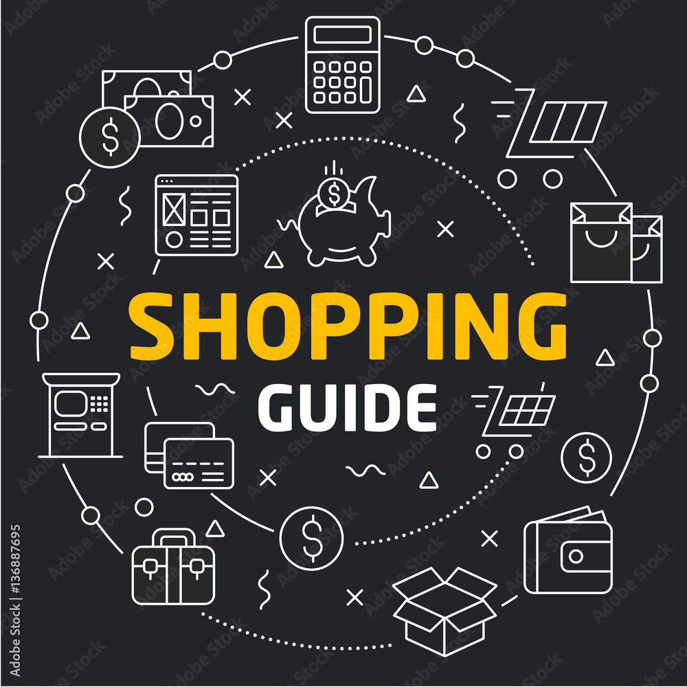 Vector linear illustration dark background shopping guide Vector linear illustration dark background shopping guide
