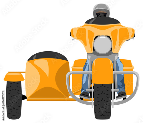 Yellow classic heavy touring sidecar motorcycle with rider wearing helmet and jeans pants front view isolated on white vector illustration