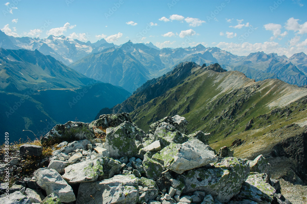 Mountain summer landscape with forest and high peaks. Caucasus. Mountain summer landscape with forest and high peaks. Caucasus.