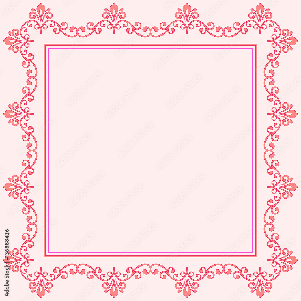 Classic square frame with arabesques and orient elements. Abstract fine ornament with place for text. Pink pattern