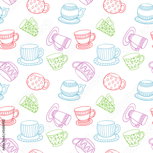 Line art cups seamless pattern. Endless design with sketch style mugs.