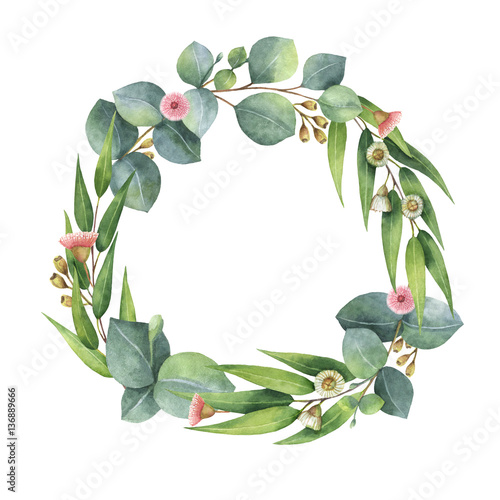 Watercolor round wreath with eucalyptus leaves and branches.
