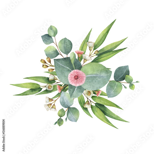 Watercolor bouquet with green eucalyptus leaves and branches.